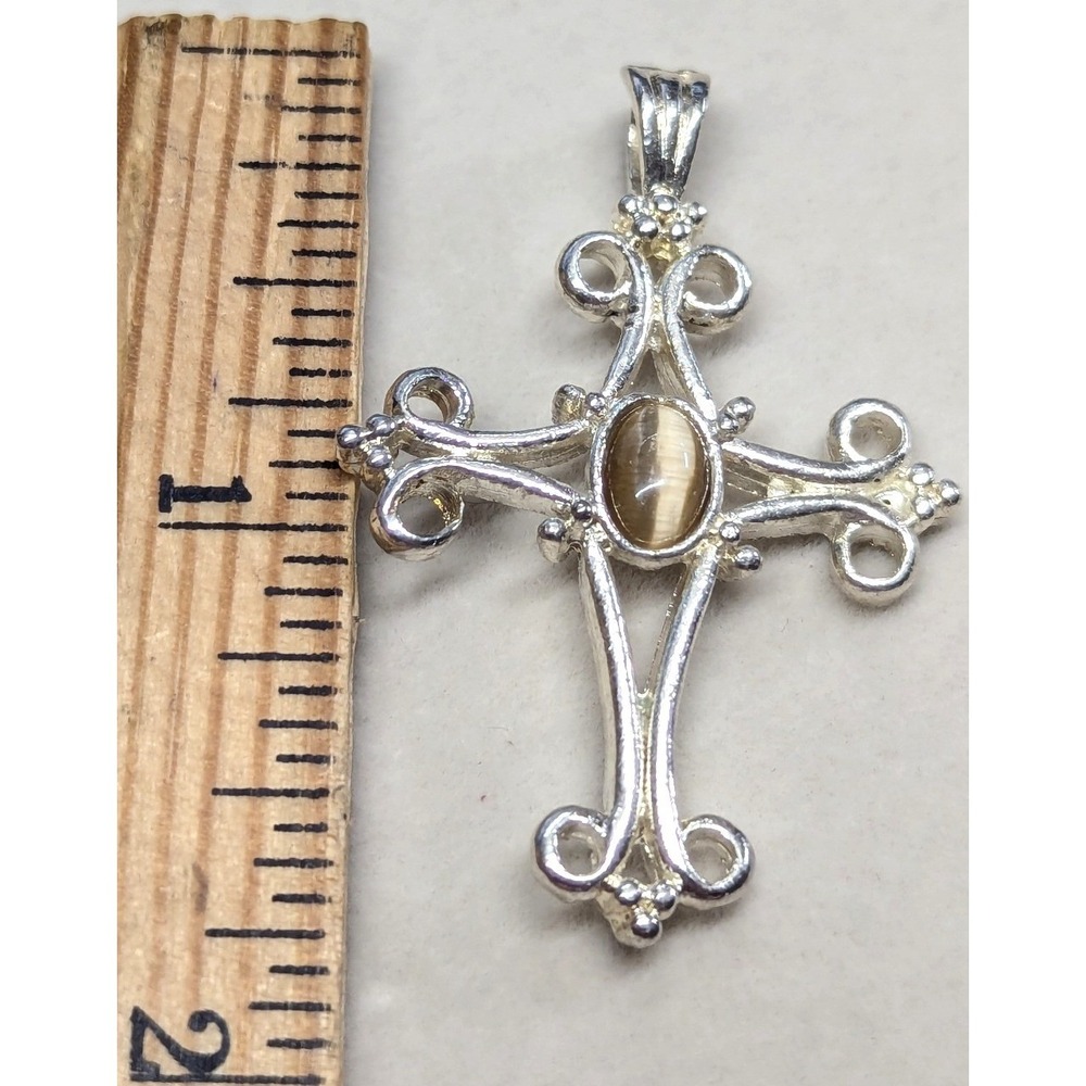 New Filigree Cross Pendant Silver Tone Cats Eye Ornate Charm Religious Jewelry
